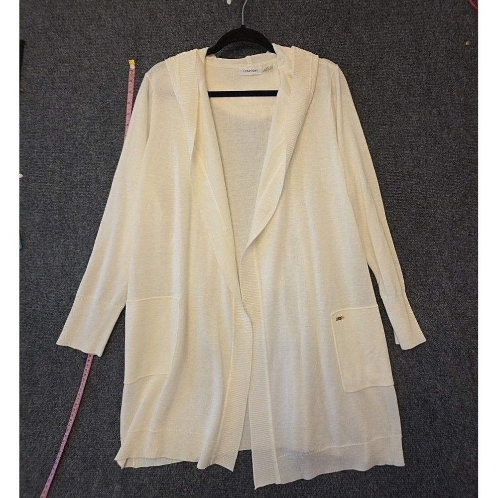 Calvin Klein Cardigan Sweater Womens L White Hooded Open Front Pockets Knit